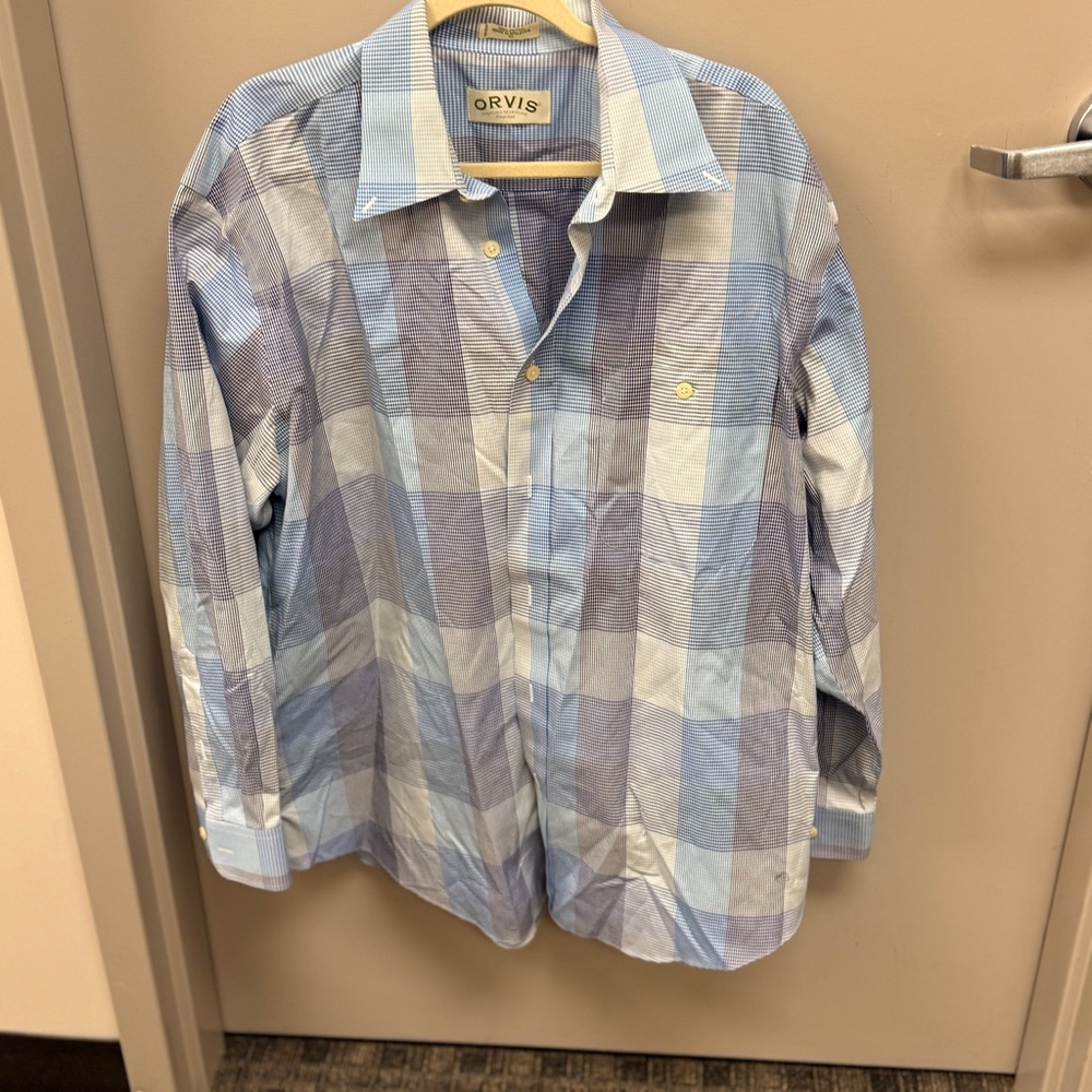 Orvis Mens Blue Plaid Long Sleeve Button Down Shirt Large Collared Chest‎ Pocket